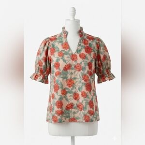 Entro Red Floral Blouse with Tan Base~Size Medium~NWT